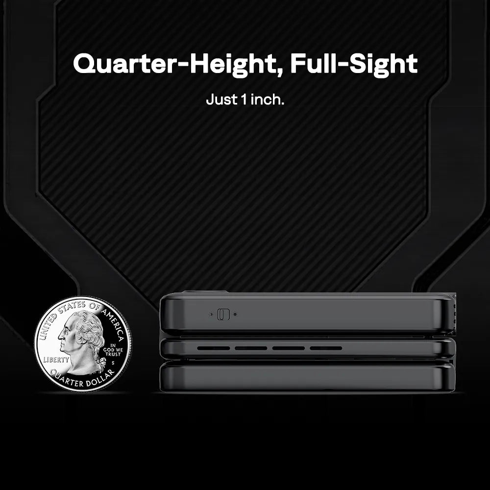 ZIP Cyber Edition projector side view with folded design beside a U.S. quarter coin, highlighting its 1-inch thickness