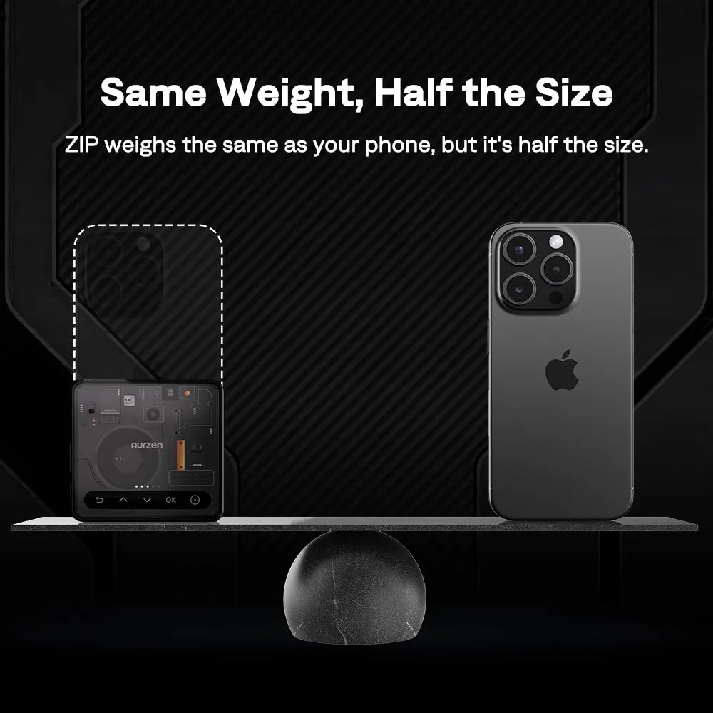 ZIP Cyber Edition balanced against an iPhone to show its similar weight but compact folded size