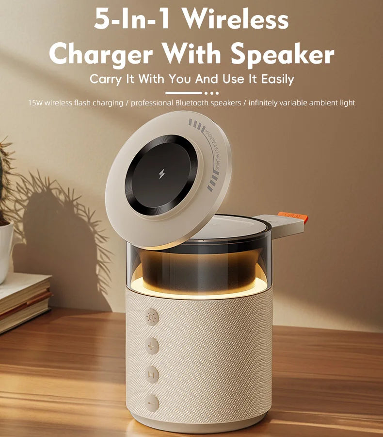 5-in-1 Bluetooth Speaker with 15W Magnetic Wireless Charger | Mag-Safe Charging Dock