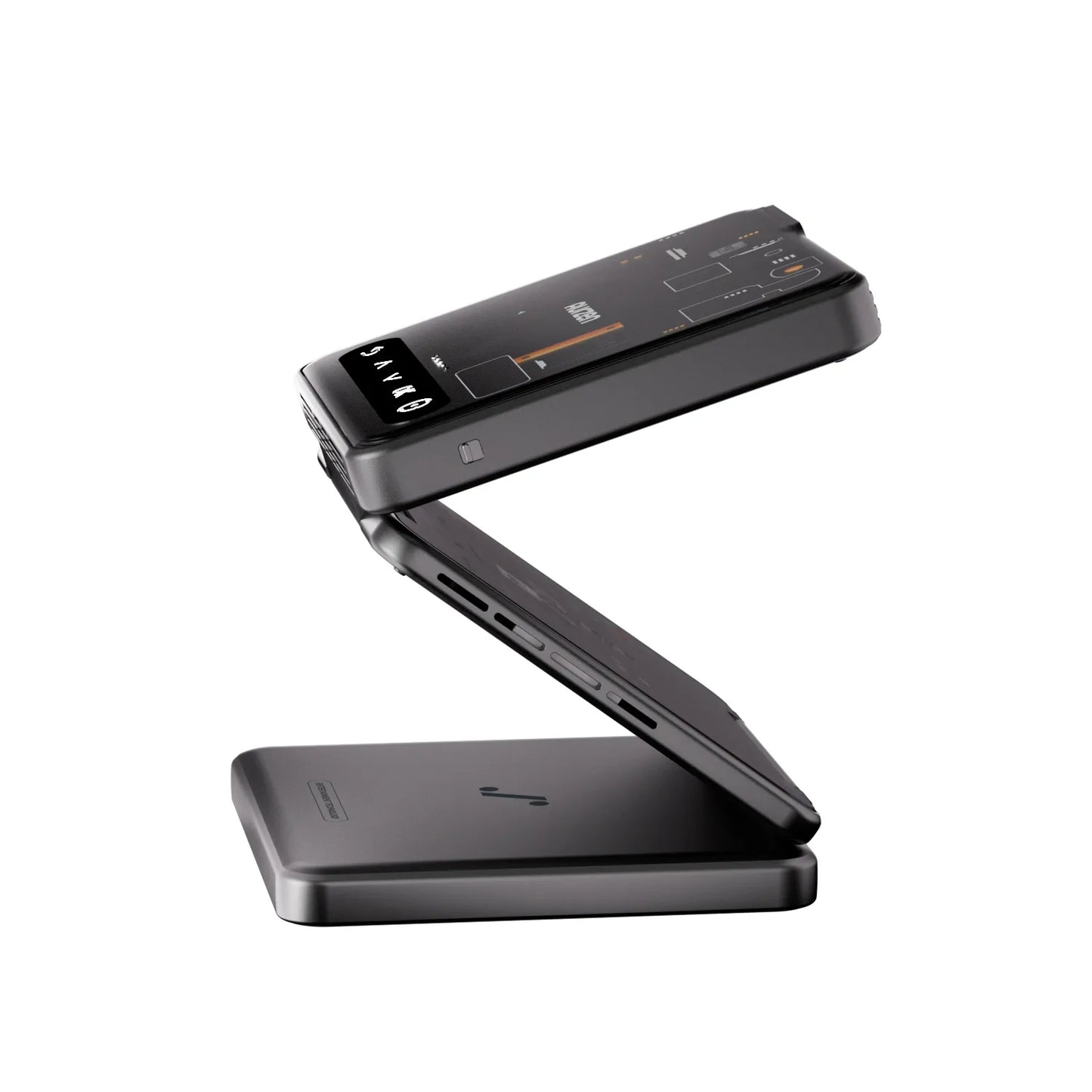 Side view of ZIP Cyber Edition partially unfolded into a Z-shape with visible ports and hinge structure