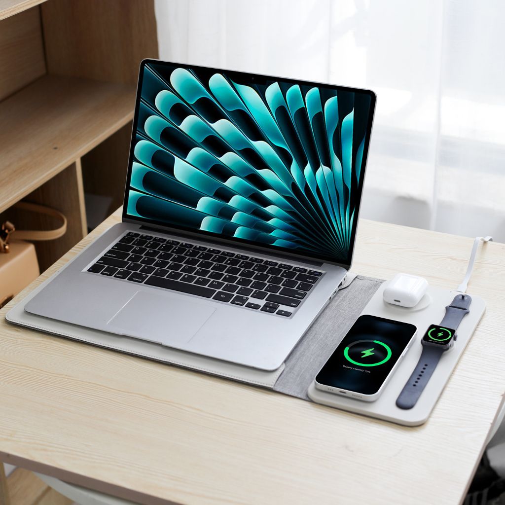 4 in 1 Laptop Sleeve with Wireless Charging Power Sleeve Pro, Slim-Flexible Case, Mousepad, Surface Mat. , Charge 2 Devices at Once USB-C Port, Compatible with MacBook