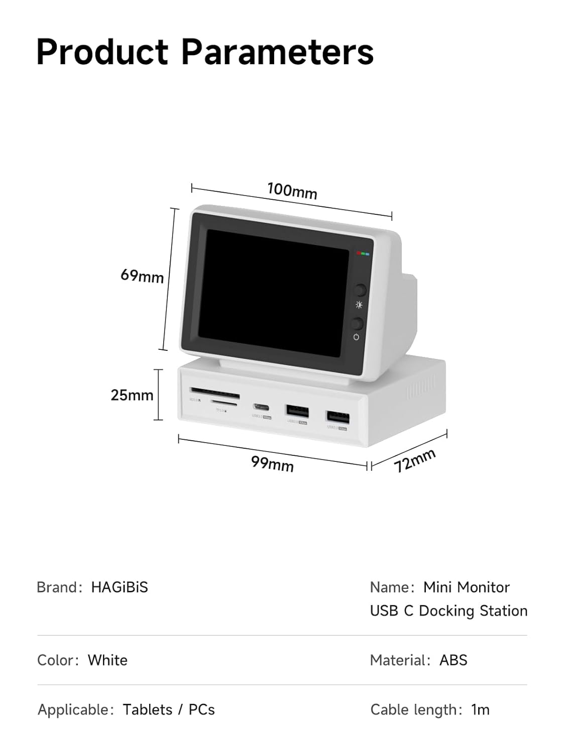 3.5 in Portable Mini Monitor USB-C Type-C Integrated Docking Station with IPS Screen 178 Wide Viewing Angle