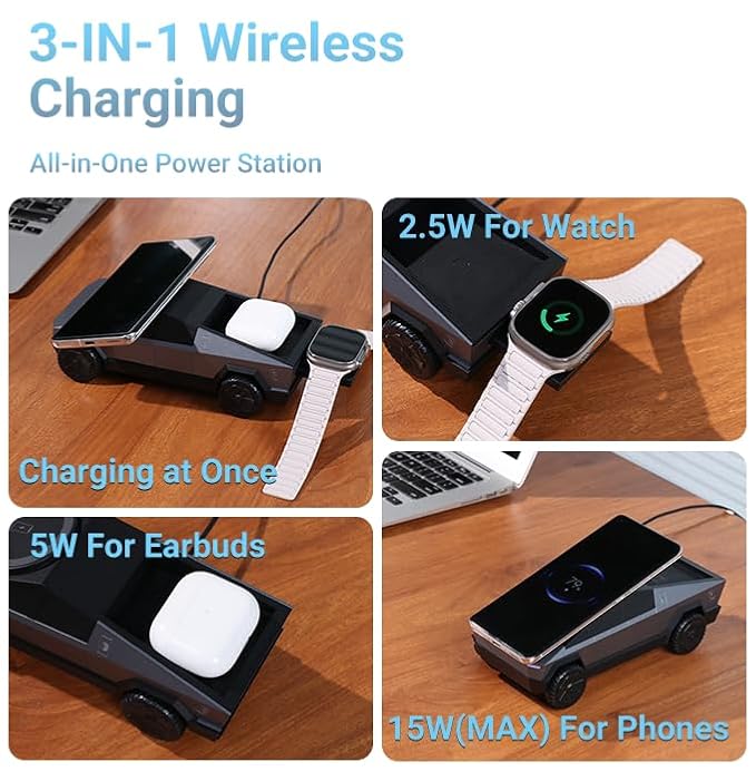 Cybers-Dock Cyber-truck-like 3-in-1 Wireless Charging Station | Fast Charging Dock for Phone, Watch & Earbuds