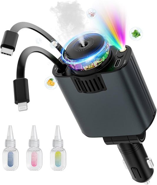 "Starlight Retractable Car Charger with Aromatherapy 5-in-1: Retractable Charger, Diffuser & Starlight Car Companion"