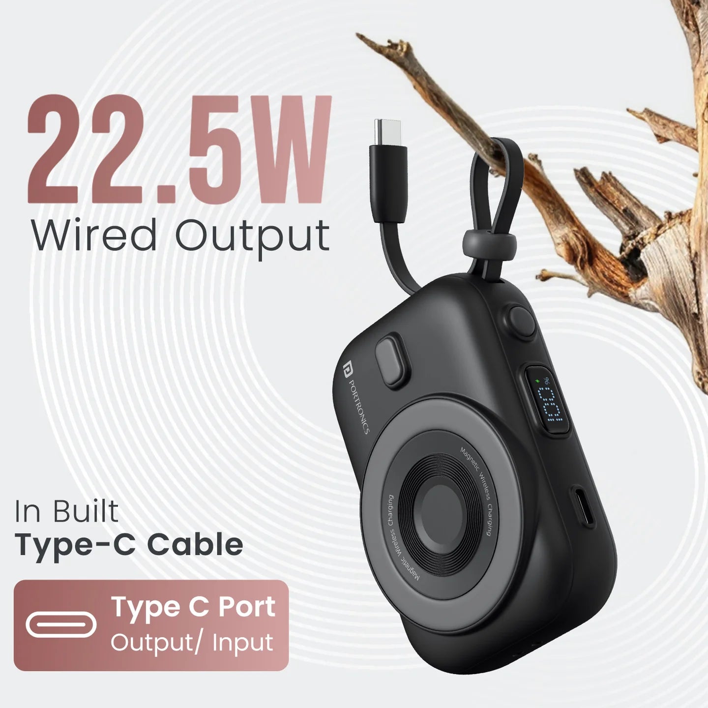 Power Shutter Home 15W Wireless Output | 22.5W Wired Output | In Built Type C Cable | LED Battery Display