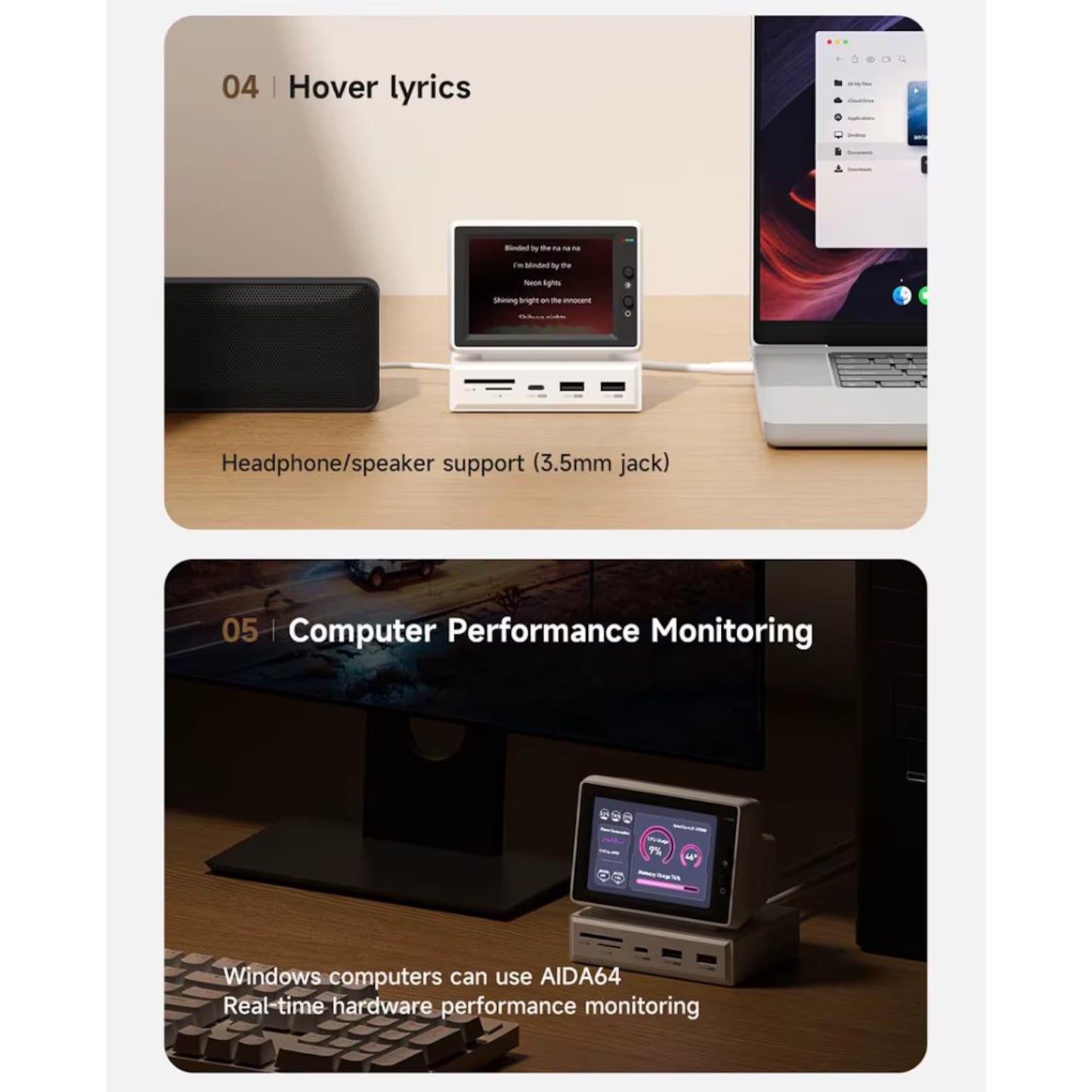 3.5 in Portable Mini Monitor USB-C Type-C Integrated Docking Station with IPS Screen 178 Wide Viewing Angle